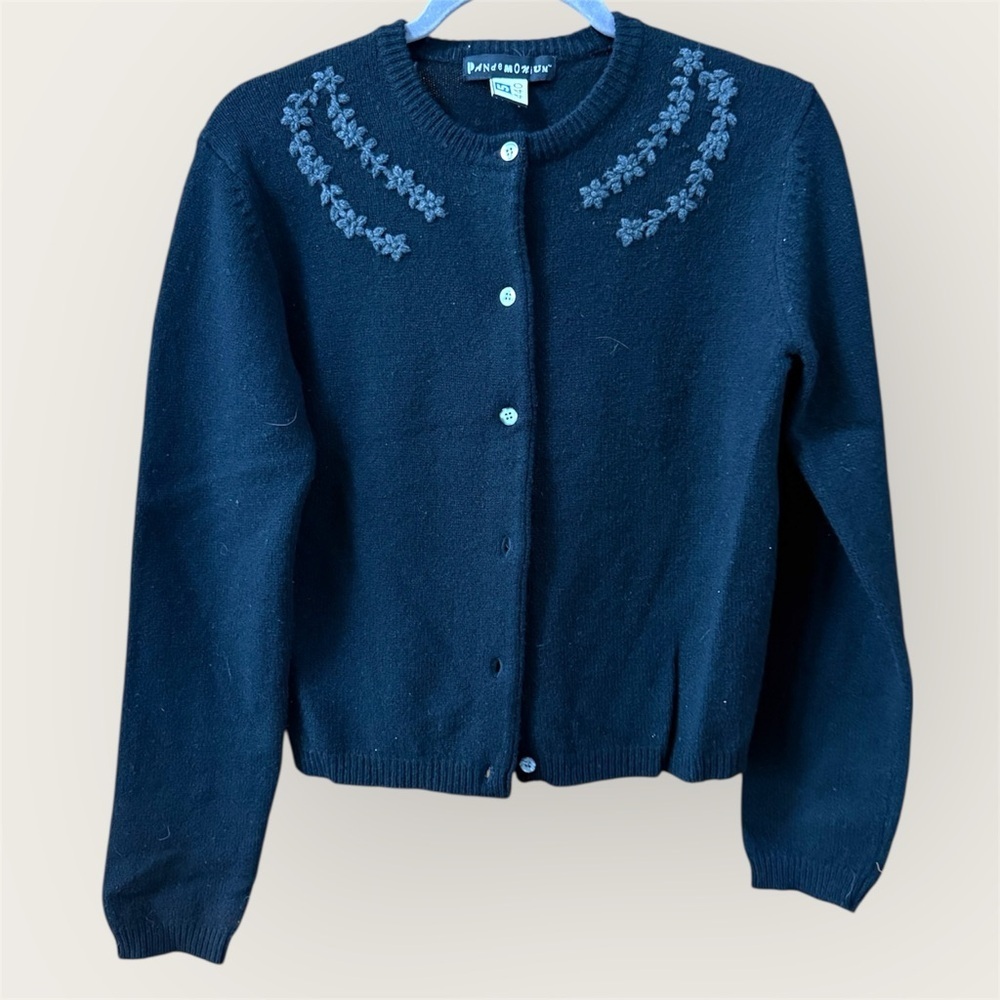 Pandemonium Black wool Embroidered Cardigan button down embroidered neck area